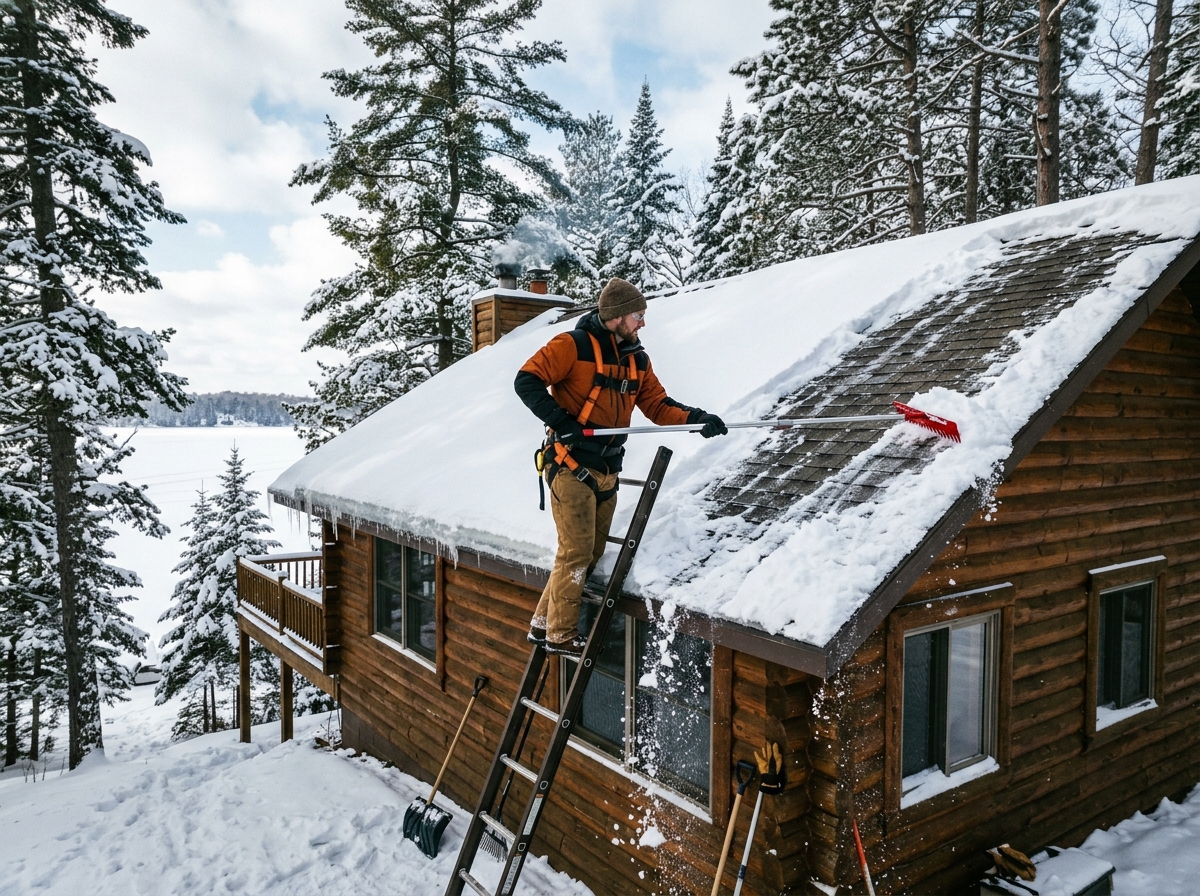Winter roof snow raking and ice dam removal in Brainerd Lakes area